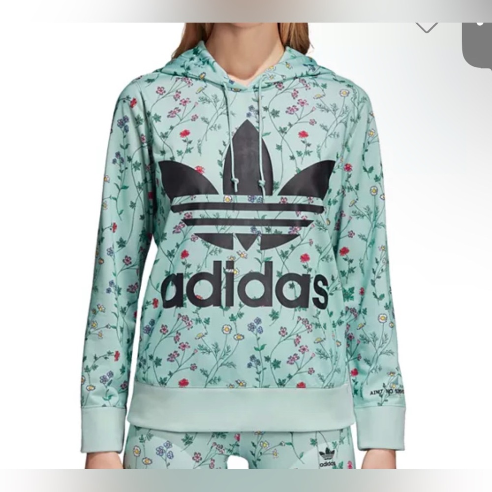 Adidas Floral Print Logo Hooded Sweatshirt Hoodie Green Floral Size Medium - Picture 16 of 16
